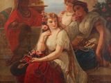 une image représentant un tableau où l'on voit trois femmes assises sous un porche