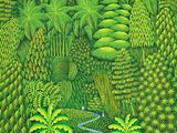 une peinture représentant une forêt verdoyante, avec des arbres et des buissons