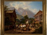 un tableau représentant une scène de village avec une montagne en arrière-plan