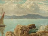 a painting of a sailboat on the water near rocks