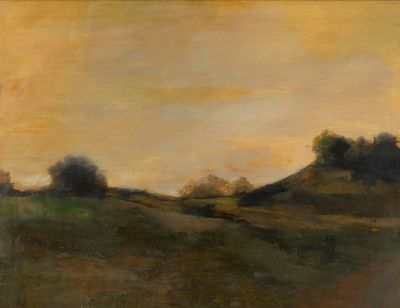 an image of a painting of a hill with trees in the distance