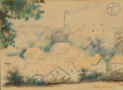 drawing of a view of a village with a church in the distance