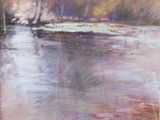 une peinture représentant une peinture d'une rivière avec des arbres en arrière-plan