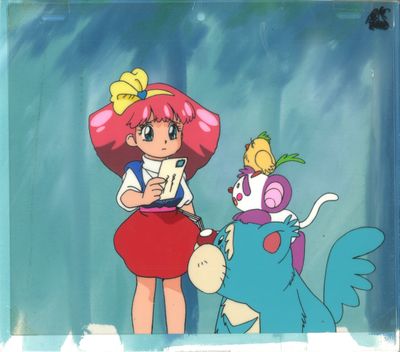 personnage de dessin animé représentant une petite fille aux cheveux roses, debout à côté d'un oiseau bleu