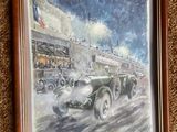 painting of a vintage car driving down a street in front of a building