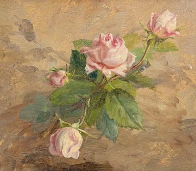 painting of two pink roses in a vase on a table