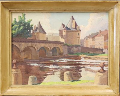 une peinture à l'huile représentant un pont sur une rivière avec un château à l'arrière-plan