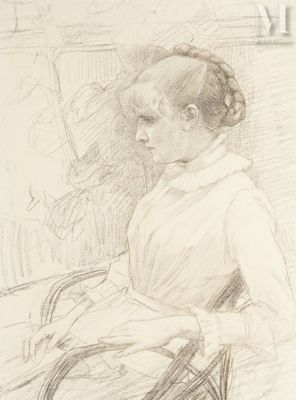 drawing of a woman sitting in a chair with a book in her lap
