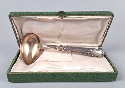 une cuillère en argent dans une boîte verte contenant une cuillère en argent