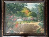 une peinture à l'huile représentant une scène de jardin avec un banc et un parasol