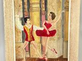 une peinture à l'huile représentant deux ballerines vêtues d'un tutu rouge