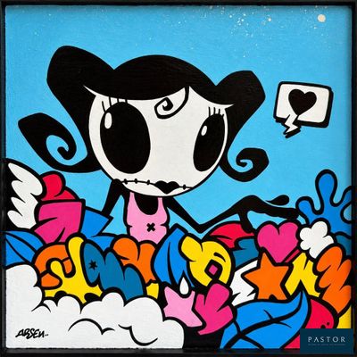 tableau représentant une jeune fille de bande dessinée tenant un cœur dans la main, sur fond bleu
