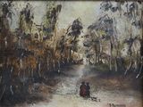 painting of two people walking down a dirt road in a wooded area