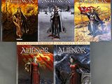 the covers of the books are lined up on a table
