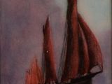 painting of a sailboat with red sails in a body of water