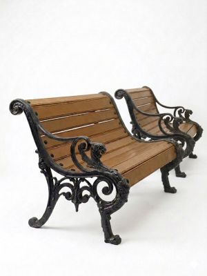 two wooden benches sitting next to each other on a white surface
