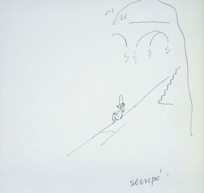 drawing of a person on a snowboard going up a steep hill