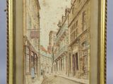 une vieille photo représentant une rue avec des immeubles et un homme qui marche dans la rue