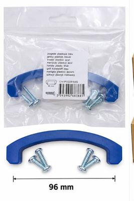 two pieces of blue plastic hardware and screws in a package