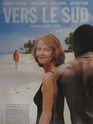 une affiche représentant une femme et un homme sur la plage