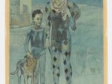 une image représentant un tableau sur lequel figurent un homme, un garçon et un chien