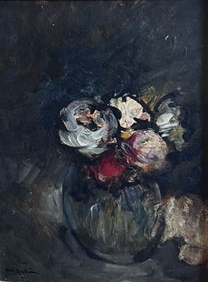 a painting of flowers in a vase on a table