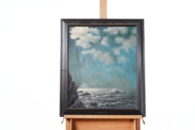 a picture of a painting on a easel on a white background
