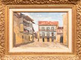 an oil painting of a street scene with buildings in a gold frame