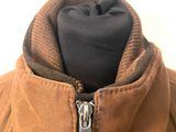 the back of a brown jacket with a zipper on it