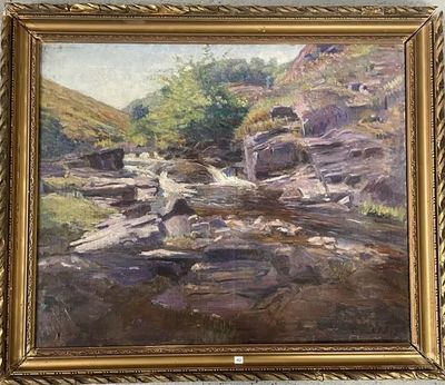 une peinture à l'huile représentant un ruisseau traversant un paysage rocheux