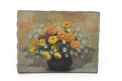 une peinture représentant un vase de fleurs sur une table