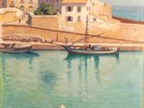 painting of a woman sitting on a ledge looking out over the water