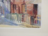 a watercolor painting of a street scene with a horse and buggy
