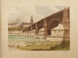 tableau représentant un pont sur une rivière, avec une tour horloge en arrière-plan
