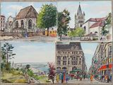 tableau représentant une scène de rue avec des bâtiments et une église en arrière-plan