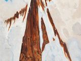 une peinture à l'huile représentant un sommet de montagne avec des nuages dans le ciel
