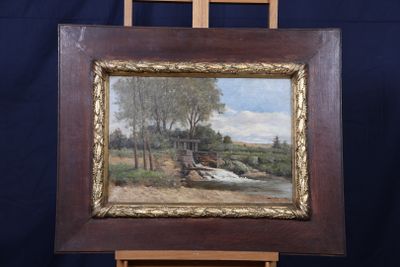 peinture sur chevalet représentant un paysage avec une rivière et un pont