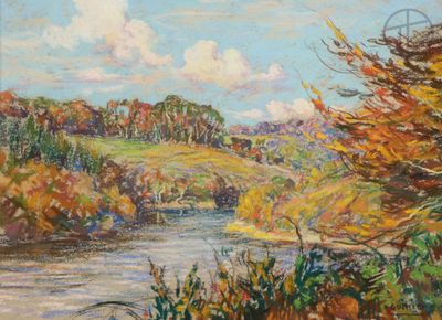 an image of a painting of a river with trees in the background