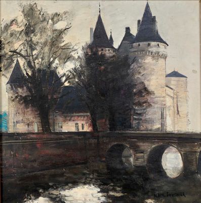 une image représentant un tableau d'un château avec un pont au premier plan