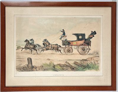Estampe en couleurs "L'Estafette" (avec cadre : 45 x 58 cm)