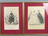 two framed pictures of a couple of women in formal dresses