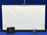 an image of a projector screen and speakers on a blue background