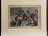 an old picture of a group of people sitting around a table