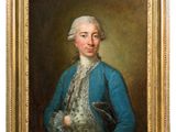 a painting of a man in a blue jacket and white hat