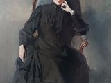painting of a woman in a black dress sitting in a chair