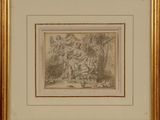 a framed drawing of a man and a woman in a wooded setting