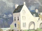 a painting of a white house with a black roof