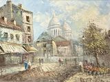 tableau représentant une scène de rue avec des personnages et des bâtiments en arrière-plan