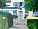 une peinture à l'huile représentant une maison jaune aux volets bleus par une journée ensoleillée