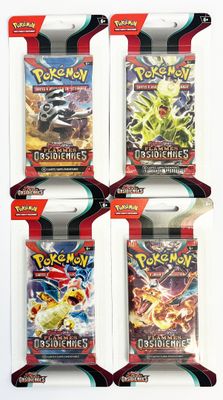 quatre paquets de cartes à collectionner Pokémon dans un emballage
